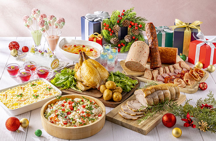 2日間限定のクリスマススペシャルランチ＆スイーツビュッフェフォトジェニックなスイーツや、ローストポークやチキンなどのライブステーション